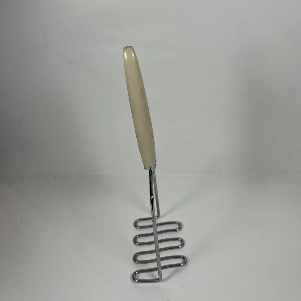CUTE VTG Androck Stainless USA potato masher floral tan pink Cottagecore RARE